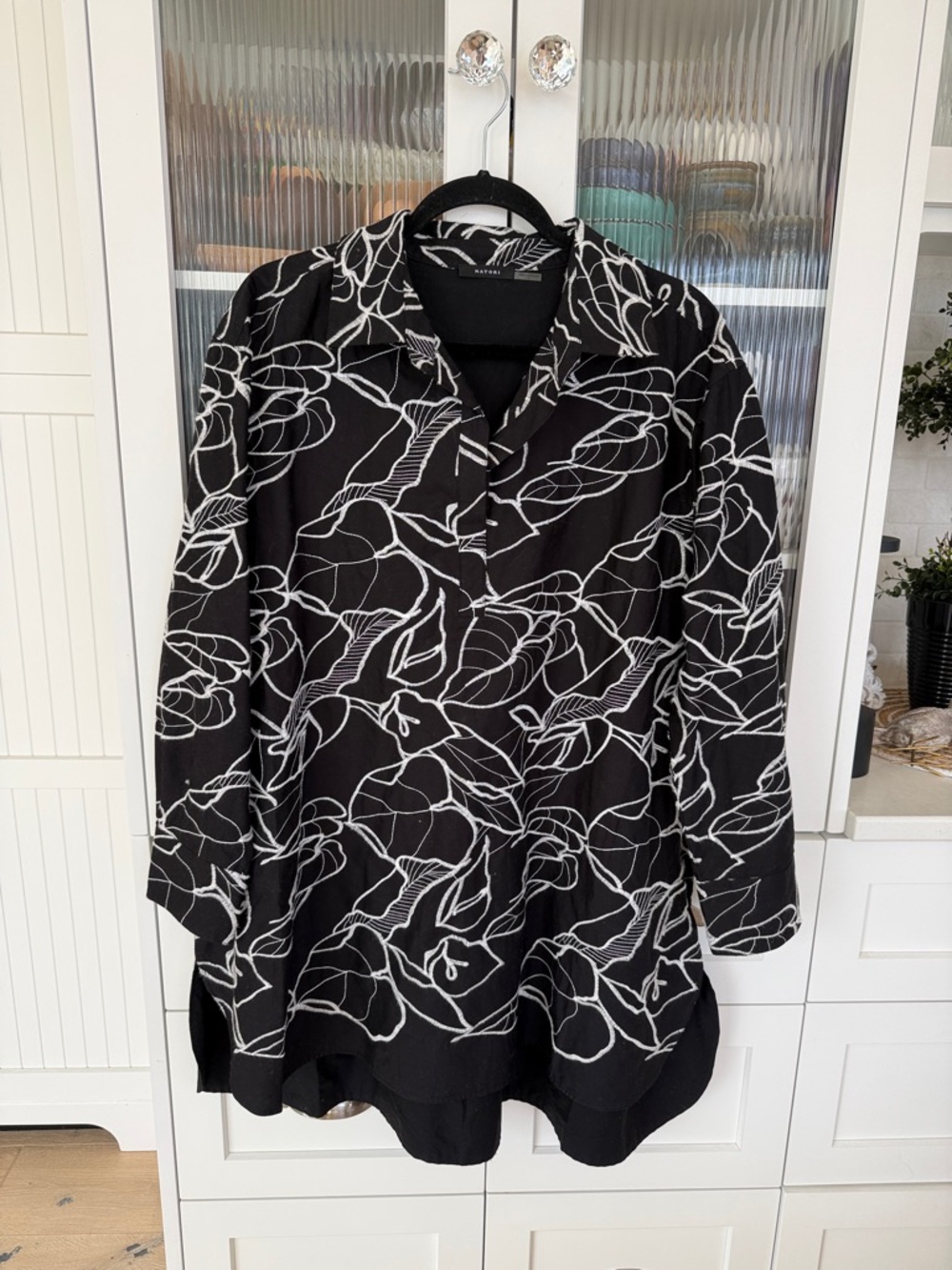 Natori Black Button-Down Shirt with White Floral Line Print